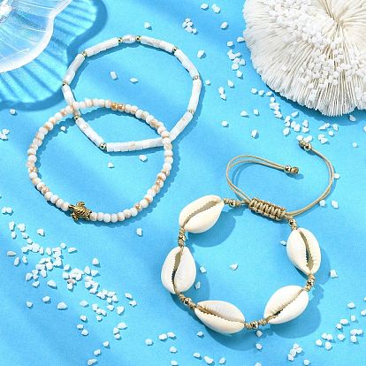 3шт. 3 стили браслетов из натуральных смешанных бусин из ракушек каури, регулируемые по размеру, Эластичные браслеты из натуральных пресноводных ракушек и латунных бусин., браслеты из стеклянного бисера и эластичной нержавеющей стали для женщин