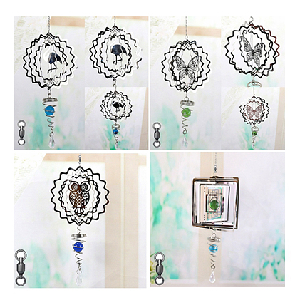 Stainless Steel Wind Chines, Outdoor, Home Hanging Decoration with Glass Beads, Stainless Steel Color, Square/Butterfly/Flamingo/Owl/Tree of Life/Sun/Bird/Snowflake Patterm
