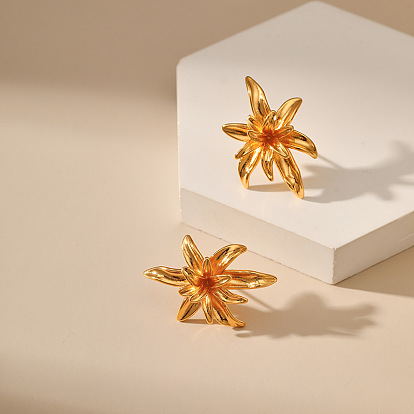 Irregular 18K Gold-plated Brass Metal Texture Earrings - 3D Flower Studs