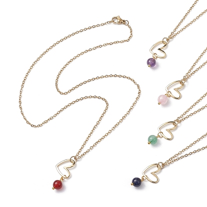 Natural Mixed Gemstone & Heart Pendant Necklaces with Golden Brass Cable Chains