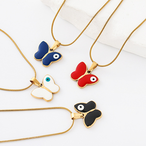 304 Collares con colgante de mariposa y ojo turco de acero inoxidable esmaltado para hombres y mujeres, dorado