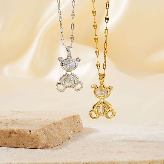 Милые ожерелья с подвеской в виде медведя из латуни с прозрачными кубическими цирконами и паве для женщин