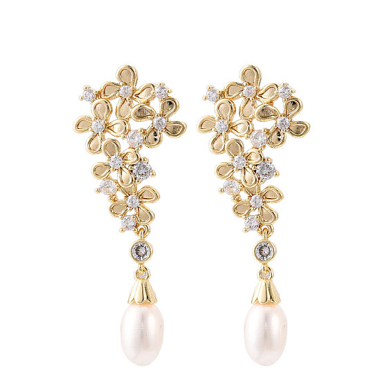 Серьги-гвоздики из латунного микро-паве, с натуральной жемчужиной, с s 925 штырями стерлингового серебра, цветок