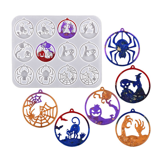 Halloween DIY Flat Round Pendant Silicone Molds, Resin Casting Molds, for UV Resin, Epoxy Resin Jewelry Making