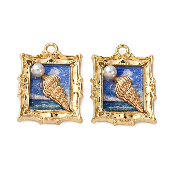 Печатные подвески сплава, прямоугольник со спиральными подвесками в форме ракушки, с ABS имитации жемчуга, стойки покрытие