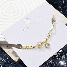 Brass Micro Pave Clear Cubic Zirconia Charm Bracelets,
Paperclip Chains & Card Paper Chains Jewelry for Women, with ABS Plastic Imitation Pearl Beads, Flat Round