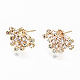 Brass Micro Pave Clear Cubic Zirconia Earring Findings, for Half Drilled Beads, Nickel Free