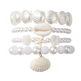 4 pcs 4 ensemble de bracelets extensibles en perles d'imitation en plastique abs de style, bracelets empilables avec breloques en coquillages naturels