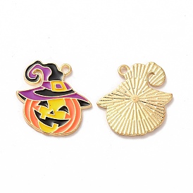 Halloween Alloy Enamel Pendants, Light Gold, Pumpkin with Hat Charm