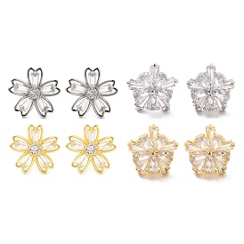 Rack Plating Flower Brass Micro Pave Clear Cubic Zirconia Stud Earrings, Lead Free & Cadmium Free, Long-Lasting Plated, Flower