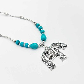 Ethnic Style Alloy & Synthetic Turquoise Elephant Pendant Necklaces