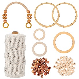 Kits de sac à main bricolage, avec perles de bois et anneaux de liaison et poignées de sac, poignée de sac en bambou, fils de coton