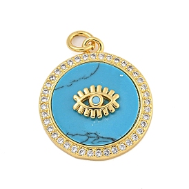 Rack Plating Brass Clear Cubic Zirconia Eye Pendants, Synthetic Turquoise Flat Round Charms with Jump Rings, Long-Lasting Plated,  Cadmium Free & Lead Free