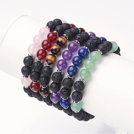 Gemstone Stretch Bracelets, with Brass Bead Spacers, Round