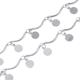 304 Stainless Steel Curved Bar Link Chains, Scalloped Bar Chain, with Flat Round Charms, Soldered