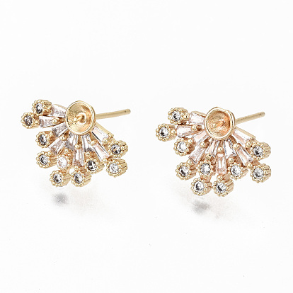 Brass Micro Pave Clear Cubic Zirconia Earring Findings, for Half Drilled Beads, Nickel Free