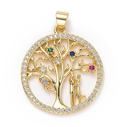 Brass Micro Pave Colorful Cubic Zirconia Pendants, Long-Lasting Plated, Lead Free & Cadmium Free, Flat Round with Tree & Couple, Valentine's Day