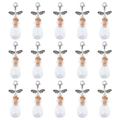 15Pcs Teardrop Shape Glass Bottle Big Pendants, with Tibetan Style Butterfly Bead and Brass Lobster Claw Clasps