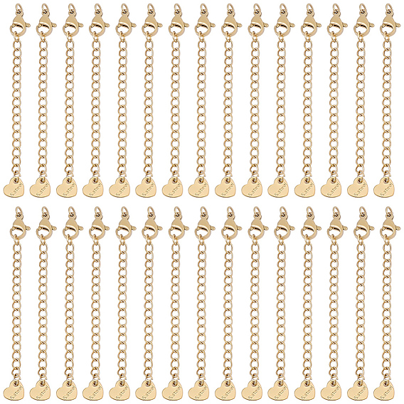 30 piezas 304 extensor de cadena de acero inoxidable, cadenas finales con cierres de pinza de langosta y lengüetas de cadena de corazón