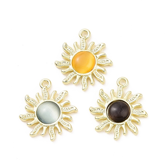 Opaque Glass Imitation Cat Eye Pendants, Sun Charms, with Golden Plated Alloy Findings