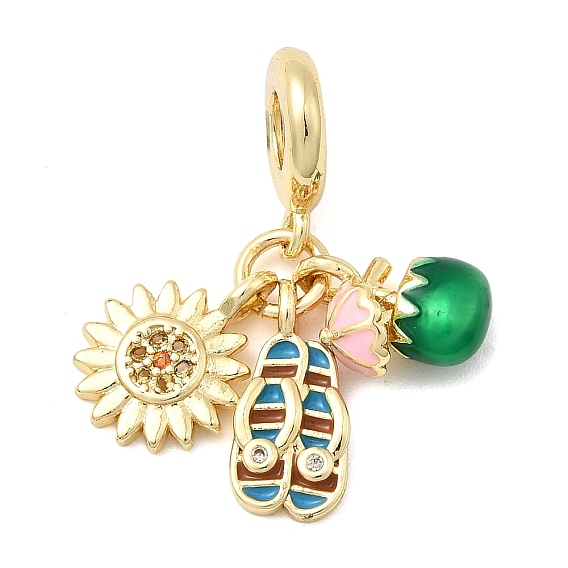 Латунное микропейв с кубическим цирконием европейские подвески с подвесками, цветочные тапочки, кокосовый напиток, подвески с большим отверстием и эмалью, без кадмия и без свинца, стойки покрытие, долговечный, реальный 18 k позолоченный