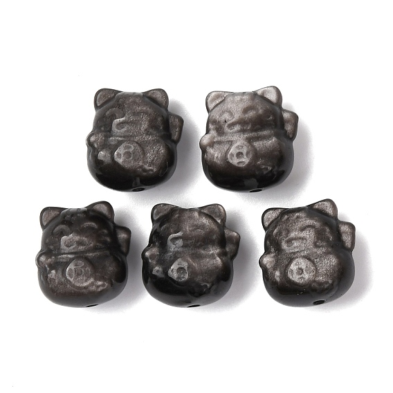 Резные бусины из натурального серебра из обсидиана, форма счастливой кошки
