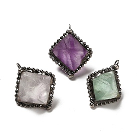 Natural Fluorite Pendants, Rhombus Charms, with Antique Silver Tone Brass Chain and Stannum, Lead Free & Cadmium Free