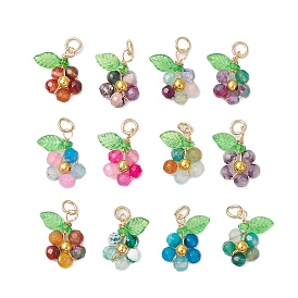 12Pcs 12 Colors Dyed Faceted Round Natural Agate Beaded Pendants, Flower Charms with Acrylic Leaf, Golden