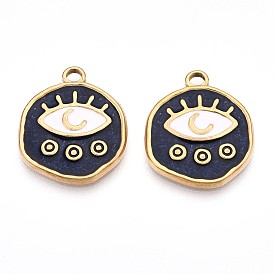 304 нержавеющей стальной эмали подвески, плоский круглый с шармом в виде глаз, ионное покрытие (ip), реальный 18 k позолоченный