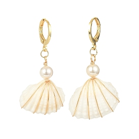Natural Shell & Shell Pearl Dangle Leverback Earrings, Brass Wire Wrap Drop Earrings