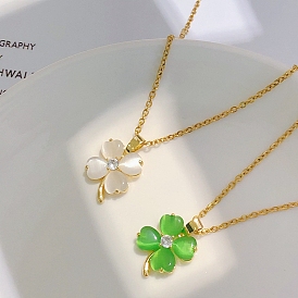 Glass Clover Pendant Necklace with Clear Cubic Zirconia for Women