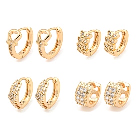Brass Micro Pave Cubic Zirconia Hoop Earrings, Toroidal/Leaf/Rectangle/Flat Round