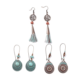 3 Pairs 3 Style Alloy Flat Round & Oval & Teardrop Dangle Earrings with Synthetic Turquoise, Big Cotton Tassel Drop Earrings with Wood for Women