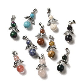 Mixed Gemstone Pendants, Guardian Angel Charms with Alloy Wings, Mixed Dyed and Undyed