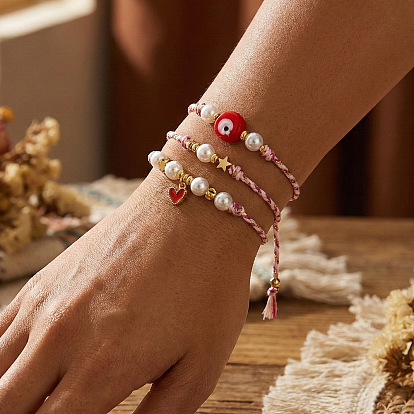 Браслеты ручной работы из латуни с эмалированными подвесками, Браслеты из плетеных бусин и бусин, символизирующих сглаз, для женщин., с пластиковой имитационной жемчужиной