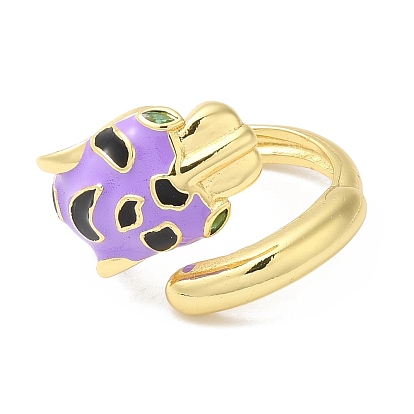 Enamel Leopard Open Cuff Ring with Cubic Zirconia, Real 18K Gold Plated Brass Jewelry, Long-Lasting Plated