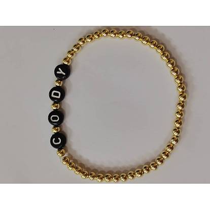 Stretch Bracelets, with Letter Acrylic Beads and Round Brass Beads
