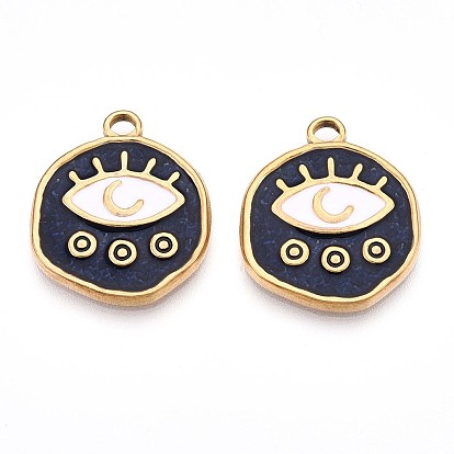 304 нержавеющей стальной эмали подвески, плоский круглый с шармом в виде глаз, ионное покрытие (ip), реальный 18 k позолоченный