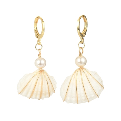 Natural Shell & Shell Pearl Dangle Leverback Earrings, Brass Wire Wrap Drop Earrings