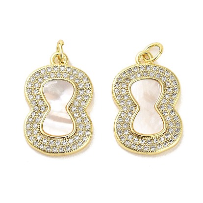 Brass Micro Pave Clear Cubic Zirconia Pendants, Cadmium Free & Lead Free, with Shell, Jump Ring, Oval