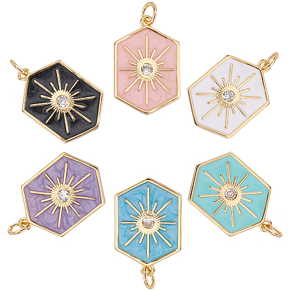 6Pcs 6 Colors Brass Micro Pave Clear Cubic Zirconia Pendants, with Enamel, Real 18K Gold Plated, Lead Free & Cadmium Free & Nickel Free, Hexagon with Sun
