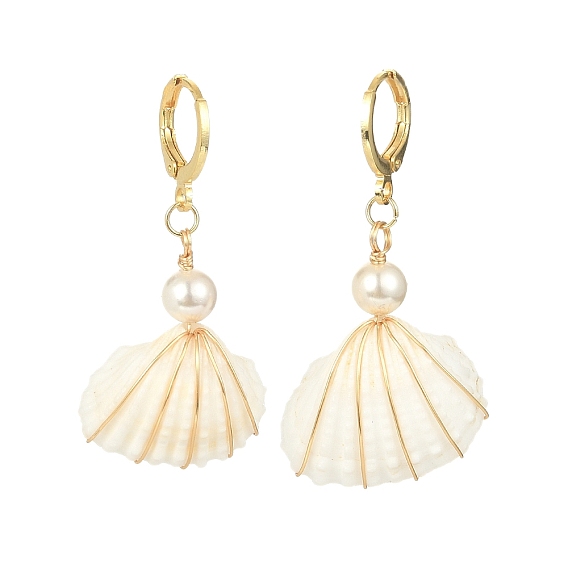 Natural Shell & Shell Pearl Dangle Leverback Earrings, Brass Wire Wrap Drop Earrings
