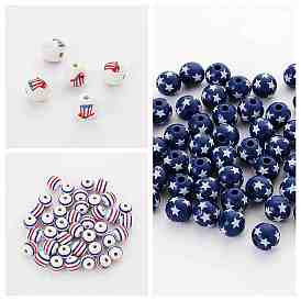 Independence Day Printed Wood Beads, Round with Star/Hat/Stripe Pattern