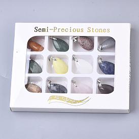 Natural Mixed Stone Pendants, with Platinum Plated Brass Ice Pick Pinch Bails, Teardrop