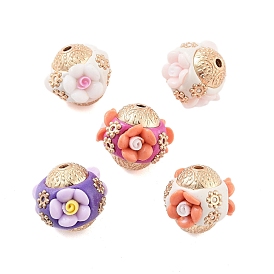 Alloy with Resin Handmade Indonesia Beads, Round with Flower