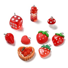 Resin Pendants, with Platinum Plated Iron Loops, Dice & Strawberry & Bear, Mixed Shapes