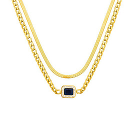 304 Stinless Steel Herringbone & Cuban Link Chains Double Layered Necklaces, Rhinestone Rectangle Pendant Necklace
