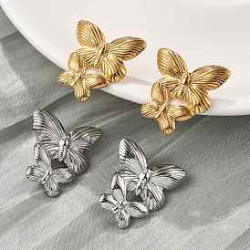 304 женские серьги-гвоздики из нержавеющей стали, двойная бабочка