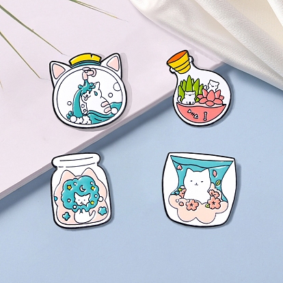 Cartoon White Cat in the Glass Bottle Brooch, Cute Kitty Black Alloy Enamel Pins, Cartoon Animal Badge for Women's Clothes Backpack