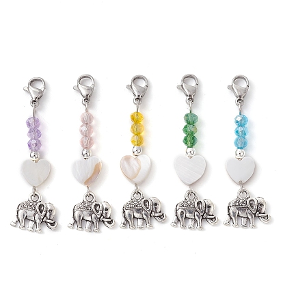 Glass Pendant Decorations, with Tibetan Style Alloy Charms, Heart with Elephant